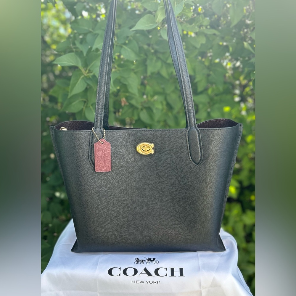COACH Willow Tote Bag in Black w/ Red Interior Refined Pebbled Leather w/ Brass